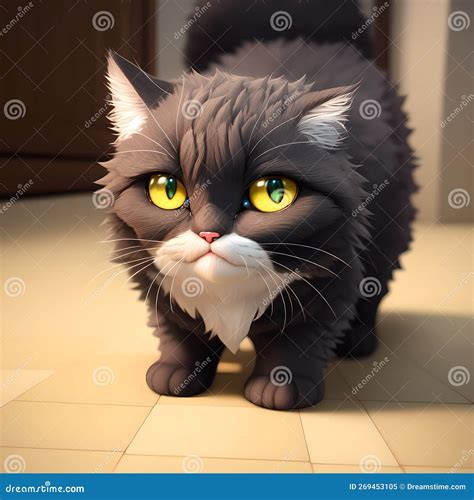 Fugure Of Tiny Cute Fluffy Serious Cat With Big Smart Eyes Ai