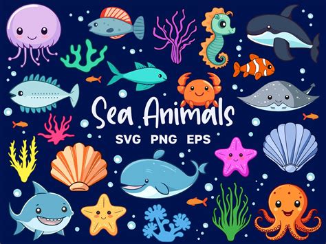 Sea Animals Svg Clipart Cute Sea Life Bundle Ocean Etsy