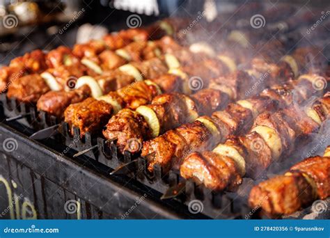 Bbq Kebab Grilling On Open Grill During Street Food Festival Stock