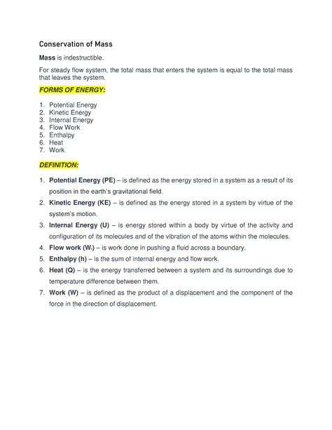 Ut2 Thermo Conservation Of Mass Mass Is Indestructible For Steady Flow System The Total