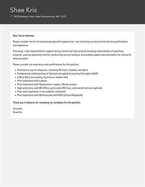 Accounting Specialist Cover Letter Velvet Jobs