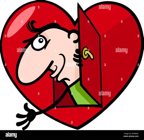 Cartoon St Valentines Illustration Of Funny Man In Love In Big Heart Or Valentine Card Stock