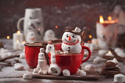 Red Mug With Hot Chocolate With Melted Marshmallow Snowman Stock Illustration Illustration Of