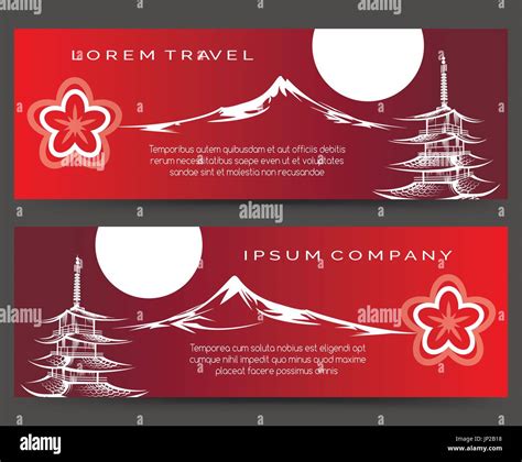 Asian Japanese Banners With Pagoda And Fuji Mount Vector Red Banner