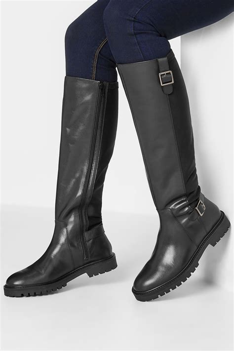 LTS Black Buckle Leather Knee High Boots In Standard D Fit Long Tall