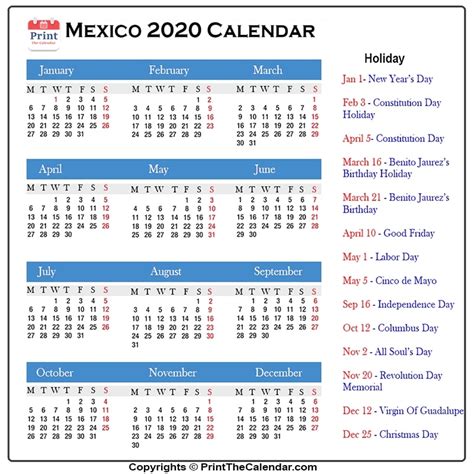 Mexico Calendar 2020 with Mexico Public Holidays