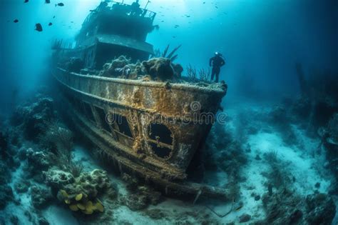 Scuba Divers Exploring A Sunken Shipwreck Underwater Mysteries High Quality Generative Ai