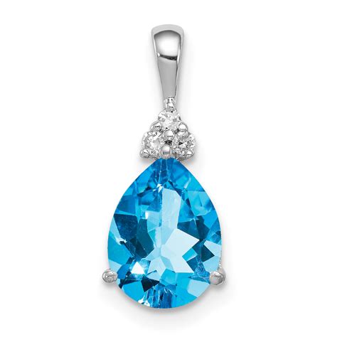 925 Sterling Silver Rhodium Diamond And Lght Swiss Blue Topaz Teardrop