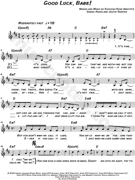 Chappell Roan Good Luck Babe Sheet Music Leadsheet In D Major