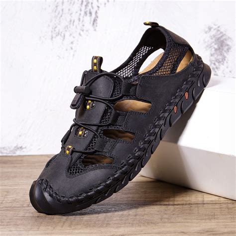 Menico Men Leather Mesh Splicing Non Slip Casual Hand Stitching Sandals