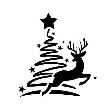 A Black And White Silhouette Of A Christmas Tree With Deer Running