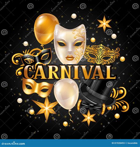 Carnival Invitation Card With Gold Masks And Decorations. Celebration Party Background Stock ...