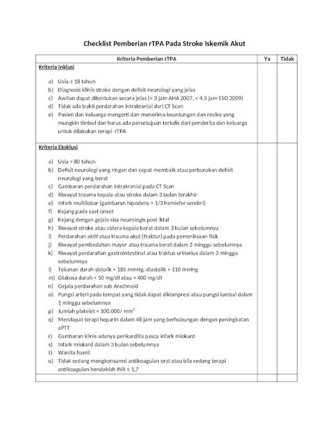 Docx Checklist Pemberian Rtpa Pada Stroke Iskemik Akut Dokumen Tips