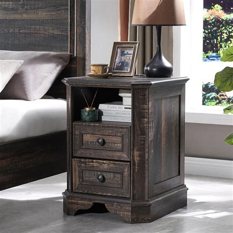 T Tream Farmhouse Nightstand With Charging Station End Table With