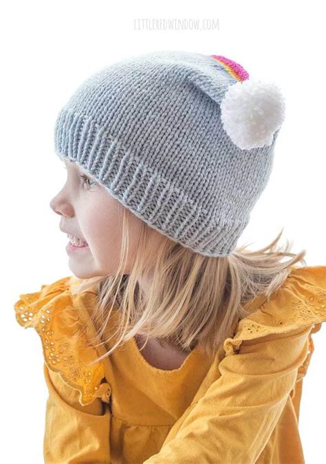 Rainbow Double Pom Pom Hat Knitting Pattern - Little Red Window