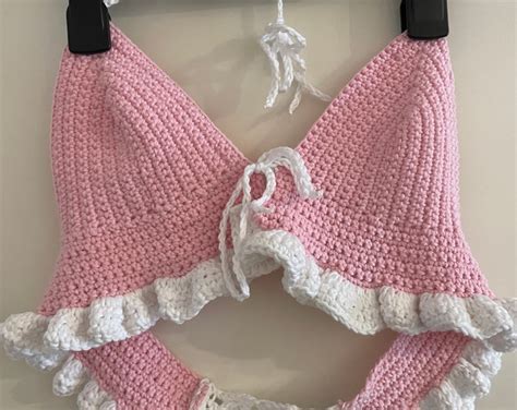 Y2k Inspired Pink Crochet Bralette Cute Tie Front Bikini Top With White Ruffles Boho Crop