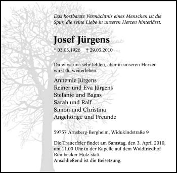 Traueranzeigen Von Josef J Rgens Trauer In Nrw De