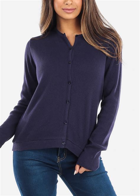 Moda Xpress Womens Button Up Cardigan Long Sleeve Waffle Navy