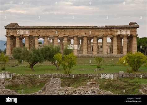 Ancient Greek Temple Of Poseidon Excavation Of Paestum Campania