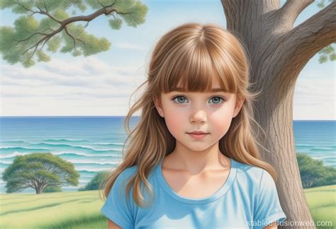 Girl In Blue Shirt By Oak Tree With Sea View Stable Diffusion Online