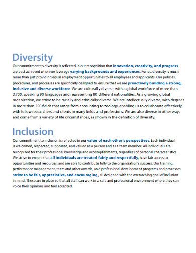 Free 10 Diversity And Inclusion Statement Samples University Faculty Value