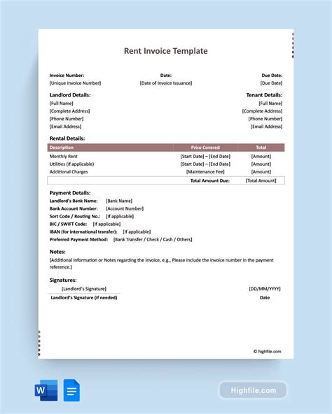 Rent Invoice Template - Word | Google Docs - Highfile