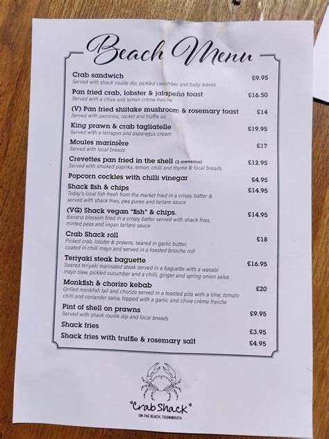 Menu At Crab Shack Restaurant Teignmouth