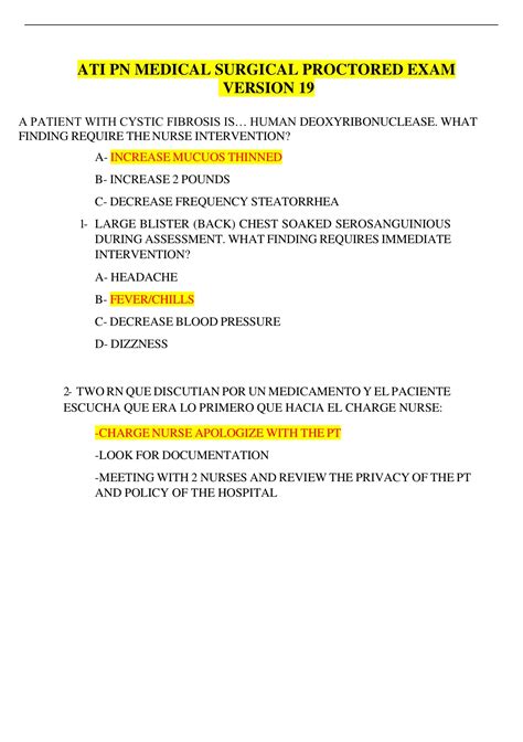 Ati Pn Medical Surgical Proctored Exam Version 19 2022 Questions