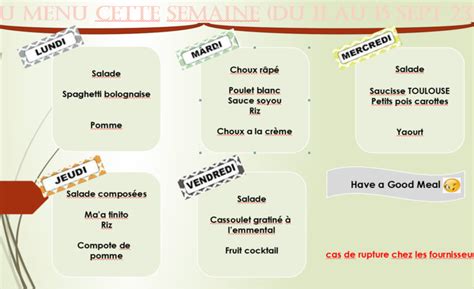 Menu de la cantine du lundi 11 au 15 septembre 2023 Collège de Pao Pao