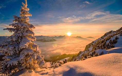 Download wallpapers winter landscape, mountains, sunset, clouds from ...