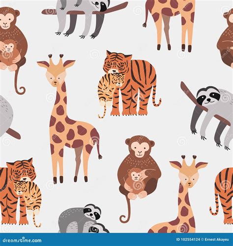 Seamless Pattern with Various Cute and Funny Cartoon Zoo Animals on ...