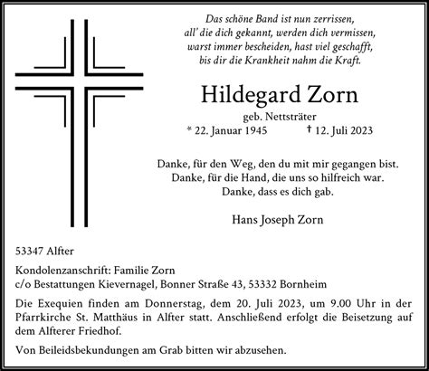 Traueranzeigen Von Hildegard Zorn Ga Trauer De