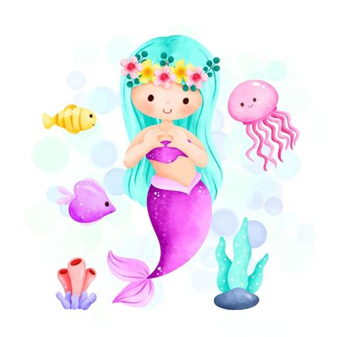 Ilustración acuarela linda sirena y animales marinos Vector Premium