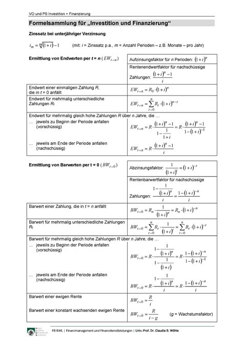 2022 I F Formelsammlung Investition Und Finanzierung Studocu
