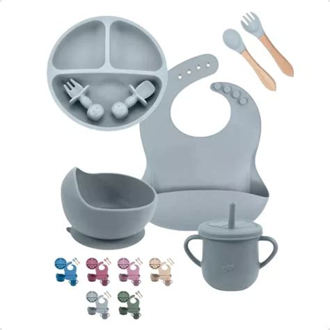 Kit Introdu O Alimentar Beb Silicone Prato Talher Pe As Cor Cinza