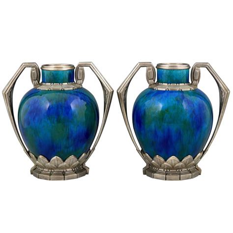 Pair Of Art Deco Vases Blue Green Ceramic And Bronze Deconamic