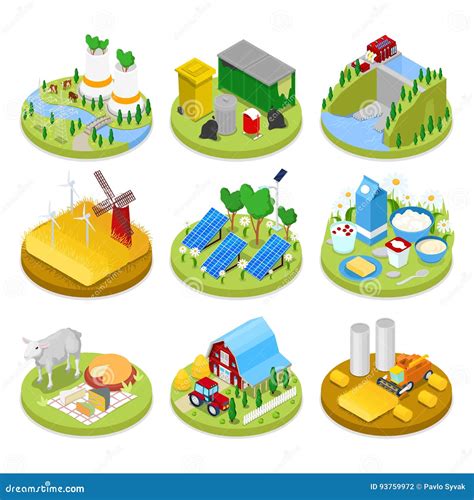 Isometric Ecology Concept Renewable Energy Agriculture Industry Stock