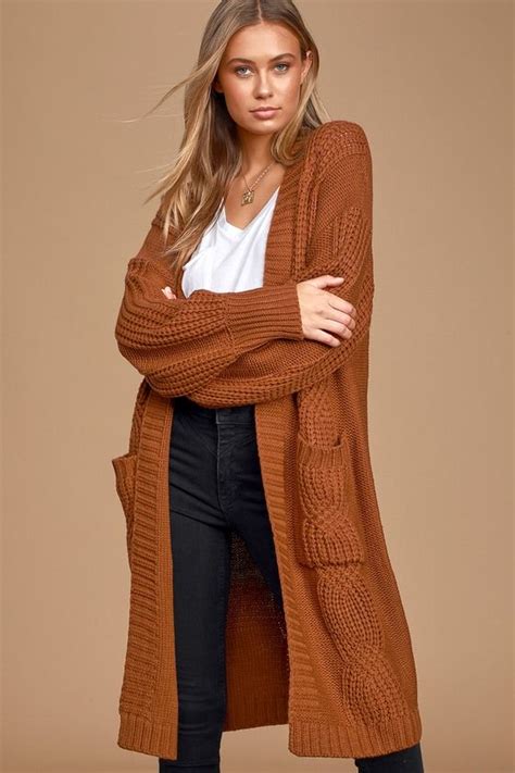 Tres Cozy Rust Brown Chunky Cable Knit Oversized Cardigan In