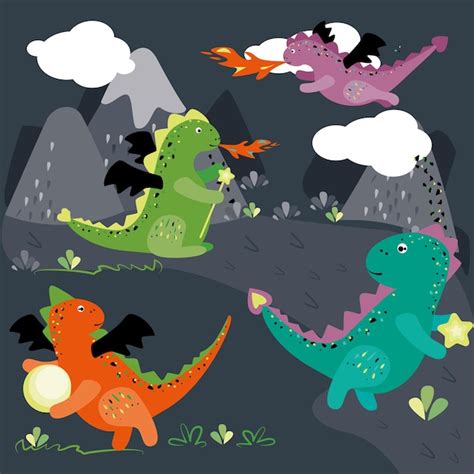 Dinosaurios De Dibujos Animados Lindo Vector Premium