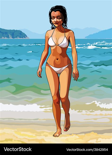 Cartoon Of A Beautiful Girl In A White Bikini Vector Image