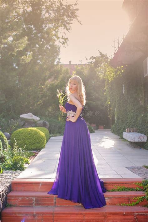 Woman Wears Long Purple Dress Stock Image Image Of Bride Flowers