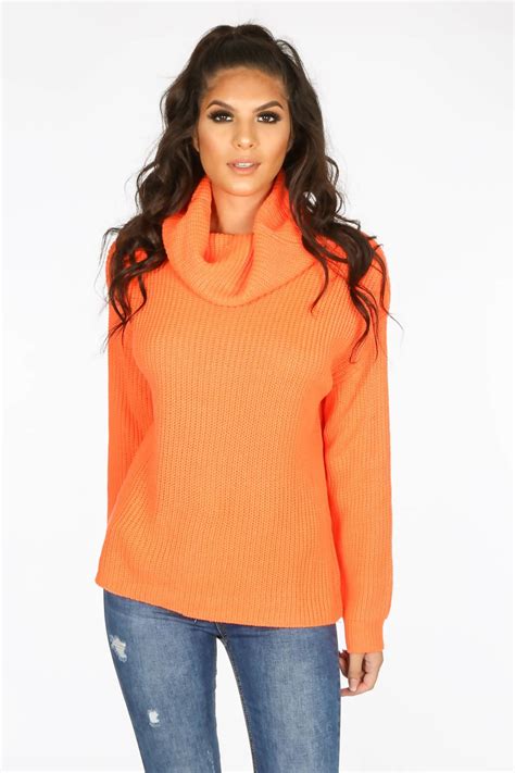 Neon Orange Oversized Jumper Lucy Dresses Oversized Jumper Roll Neck