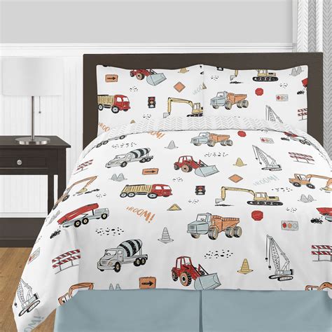 Construction Truck Boy Full Queen Bedding Set 3 Pieces Grey