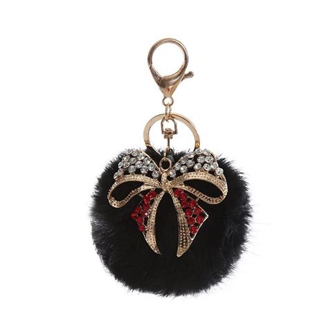 AutumnFall Rabbit Fur Ball Bow Rhinestone Keychain Bag Plush Key Ring