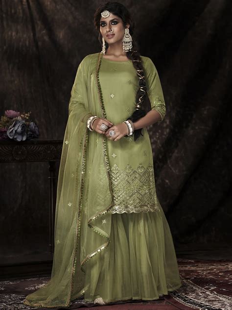 Parrot Soft Net Sharara Suit With Sequins Work And Soft Net Dupatta