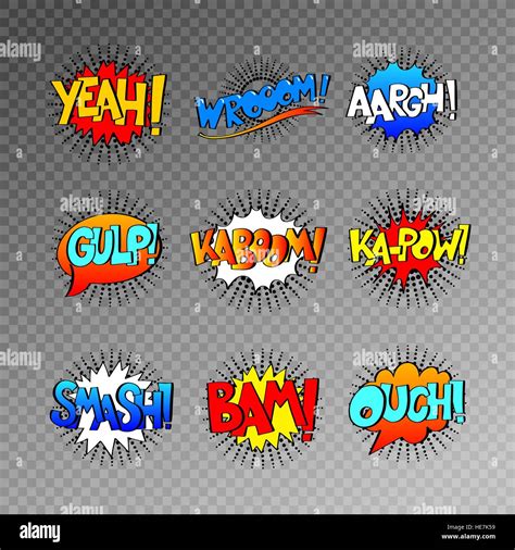 Collection Of Nine Multicolored Comic Sound Effects In Pop Art S Stock