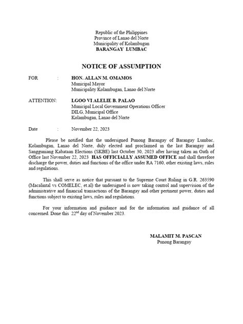 Notice Of Assumption Barangay Lumbac Pdf Government Institutions