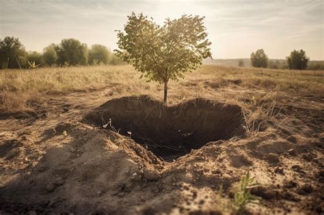 Un árbol que crece fuera de un agujero en un campo Foto Premium