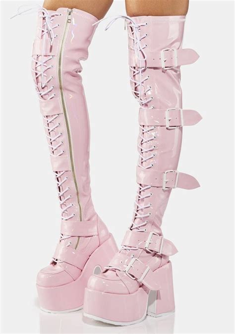 Demonia Camel 305 Thigh High Boots Baby Pink Holographic In 2024