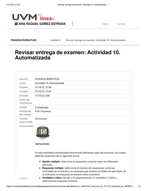 Revisar Entrega De Examen Actividad 10 Automatizada Usuario Curso